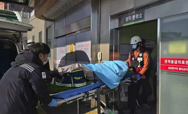 A victim rescued from a plane crash is transported to a hospital in Mokpo, South Korea, Sunday, Dec. 29, 2024. (Cho Geun-young/Yonhap via AP)