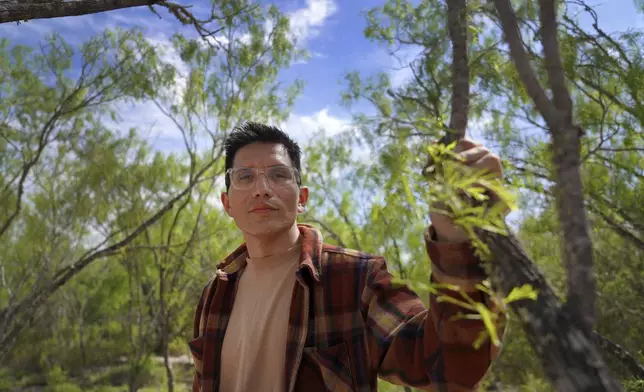 Yankton Sioux and Apache tribal member Adrian Primeaux, stands for a portrait at the Indigenous Peyote Conservation Initiative, a spiritual homesite and peyote conservation site for Native American Church members on 605 acres of land in the peyote gardens of South Texas, Monday, March 25, 2024, in Hebbronville, Texas. (AP Photo/Jessie Wardarski)