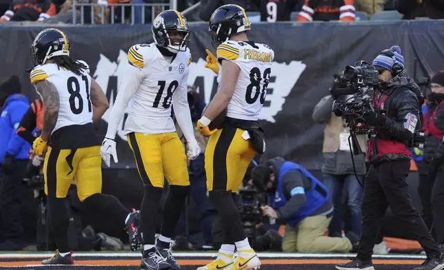 Pittsburgh Steelers tight end Pat Freiermuth (88) celebrates with wide receiver Mike Williams (18) after scoring a touchdown against the Cincinnati Bengals during the second half of an NFL football game Sunday, Dec. 1, 2024, in Cincinnati. (AP Photo/Joshua A. Bickel)