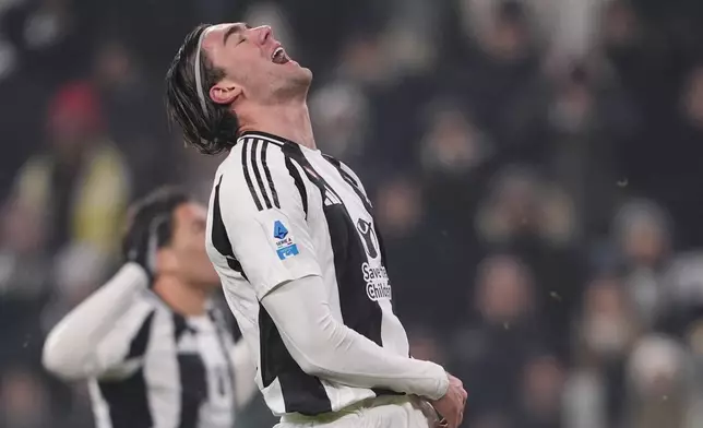 Juventus' Dusan Vlahovic reacts during the Serie A soccer match between Juventus and Venezia at the Juventus Stadium in Turin, Italy on Saturday, Dec. 14, 2024. (Fabio Ferrari/LaPresse via AP)