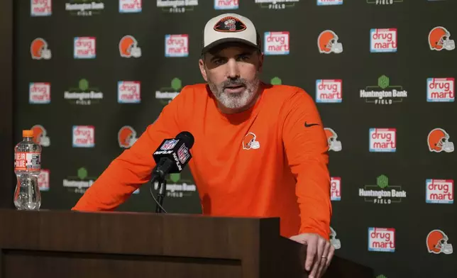 Cleveland Browns head coach Kevin Stefanski speaks during a news conference after an NFL football game against the Miami Dolphins Sunday, Dec. 29, 2024, in Cleveland. (AP Photo/Sue Ogrocki)