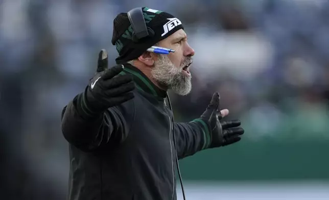 New York Jets interim head coach Jeff Ulbrich reacts during the first half of an NFL football game against the Los Angeles Rams in East Rutherford, N.J., Sunday, Dec. 22, 2024. (AP Photo/Seth Wenig)