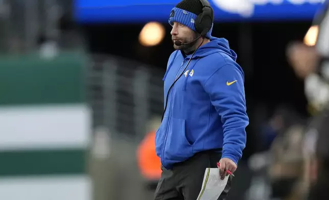 Los Angeles Rams head coach Sean McVay watches from the sideline during the second half of an NFL football game against the New York Jets in East Rutherford, N.J., Sunday, Dec. 22, 2024. (AP Photo/Julia Demaree Nikhinson)