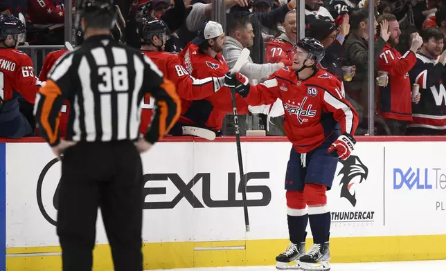 Washington Capitals left wing Jakub Vrana (13) celebrates his goal during the second period of an NHL hockey game against the Carolina Hurricanes, Friday, Dec. 20, 2024, in Washington. (AP Photo/Nick Wass)