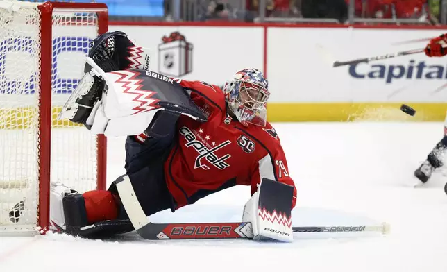 Washington Capitals goaltender Charlie Lindgren watches the puck during the second period of an NHL hockey game against the Carolina Hurricanes, Friday, Dec. 20, 2024, in Washington. (AP Photo/Nick Wass)