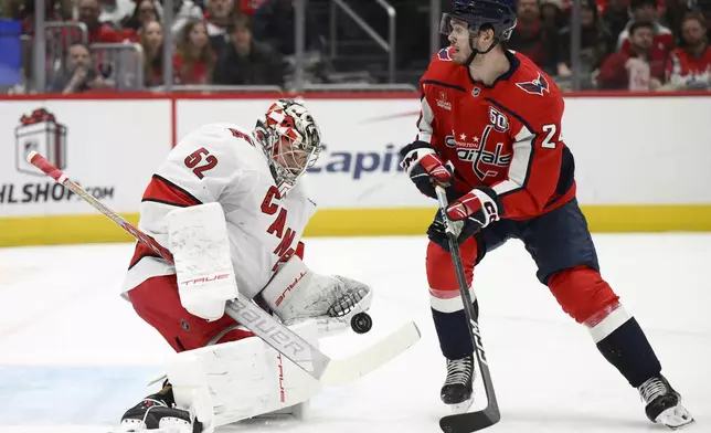 Carolina Hurricanes goaltender Pyotr Kochetkov (52) stops the puck against Washington Capitals center Connor McMichael (24) during the first period of an NHL hockey game, Friday, Dec. 20, 2024, in Washington. (AP Photo/Nick Wass)