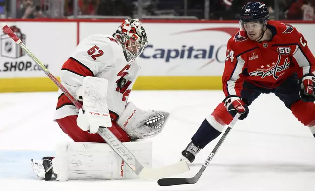 Carolina Hurricanes goaltender Pyotr Kochetkov (52) stops the puck against Washington Capitals center Connor McMichael (24) during the first period of an NHL hockey game, Friday, Dec. 20, 2024, in Washington. (AP Photo/Nick Wass)