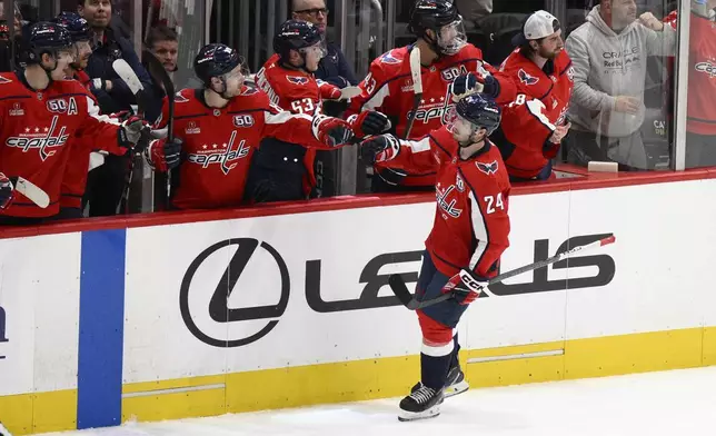 Washington Capitals center Connor McMichael (24) celebrates his goal during the second period of an NHL hockey game against the Carolina Hurricanes, Friday, Dec. 20, 2024, in Washington. (AP Photo/Nick Wass)