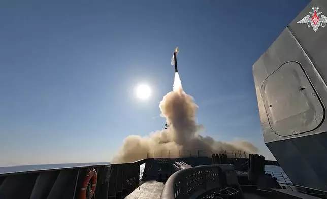 In this photo taken from video released by Russian Defense Ministry Press Service on Tuesday, Dec. 3, 2024, a Russian navy frigate launches a Zircon hypersonic cruise missile during drills in the Mediterranean Sea. (Russian Defense Ministry Press Service photo via AP)