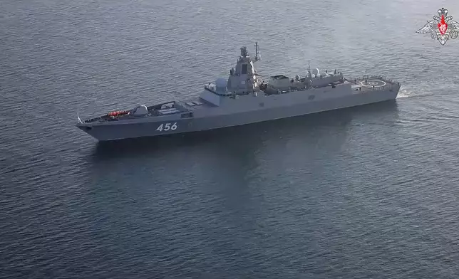 In this photo taken from video released by Russian Defense Ministry Press Service on Tuesday, Dec. 3, 2024, the Admiral Golovko frigate of the Russian navy is seen during drills in the Mediterranean Sea. (Russian Defense Ministry Press Service photo via AP)