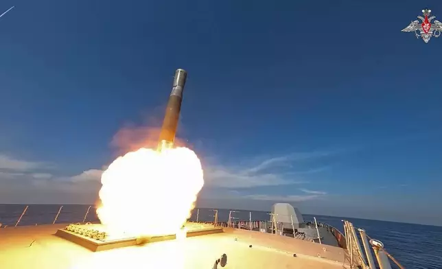 In this photo taken from video released by Russian Defense Ministry Press Service on Tuesday, Dec. 3, 2024, a Russian navy frigate launches a Zircon hypersonic cruise missile during drills in the Mediterranean Sea. (Russian Defense Ministry Press Service photo via AP)