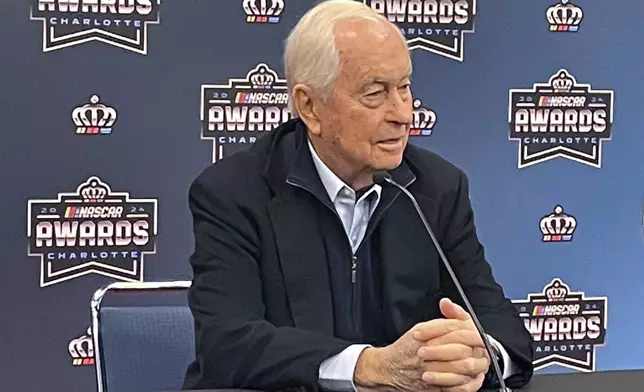 Car owner Roger Penske speaks ahead of the NASCAR awards ceremony in Charlotte N.C., Friday, Nov. 22, 2024. (AP Photo/Steve Reed)