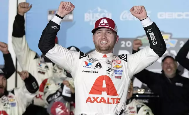 FILE - William Byron celebrates in Victory Lane after winning the NASCAR Daytona 500 auto race at Daytona International Speedway, Feb. 19, 2024, in Daytona Beach, Fla. (AP Photo/John Raoux, File)