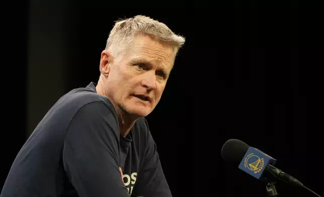 Golden State Warriors head coach Steve Kerr speaks at a news conference at the NBA basketball team's facility in San Francisco, Tuesday, Dec. 17, 2024. (AP Photo/Jeff Chiu)