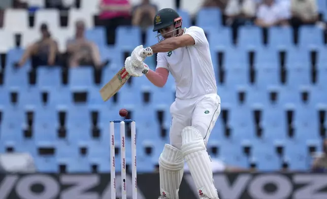 South Africa's David Bedingham plays a shot during day four of the Test cricket match between South Africa and Pakistan, at the Centurion Park in Centurion, South Africa, Sunday, Dec. 29, 2024. (AP Photo/Themba Hadebe)