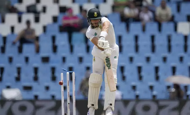 South Africa's Aiden Markam is bowled out by Pakistan's Mohammad Abbas, for 37 runs during day four of the Test cricket match between South Africa and Pakistan, at the Centurion Park in Centurion, South Africa, Sunday, Dec. 29, 2024. (AP Photo/Themba Hadebe)