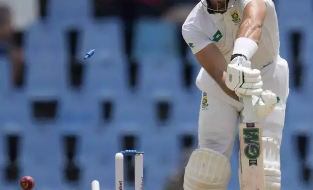 South Africa's Aiden Markam is bowled out by Pakistan's Mohammad Abbas, for 37 runs during day four of the Test cricket match between South Africa and Pakistan, at the Centurion Park in Centurion, South Africa, Sunday, Dec. 29, 2024. (AP Photo/Themba Hadebe)