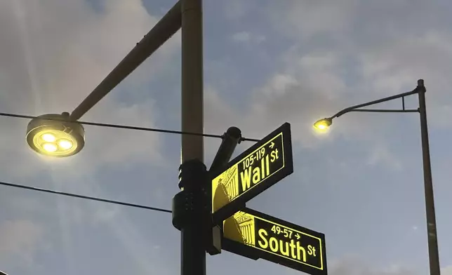 FILE - Signs mark the intersection of Wall and South Streets in New York's Financial District on Nov. 26, 2024. (AP Photo/Peter Morgan, File)