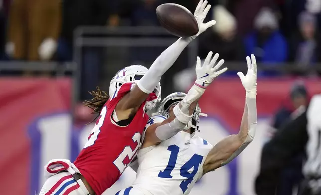 New England Patriots cornerback Alex Austin (28) breaks up a pass intended for Indianapolis Colts wide receiver Alec Pierce (14) during the second half of an NFL football game, Sunday, Dec. 1, 2024, in Foxborough, Mass. (AP Photo/Charles Krupa)