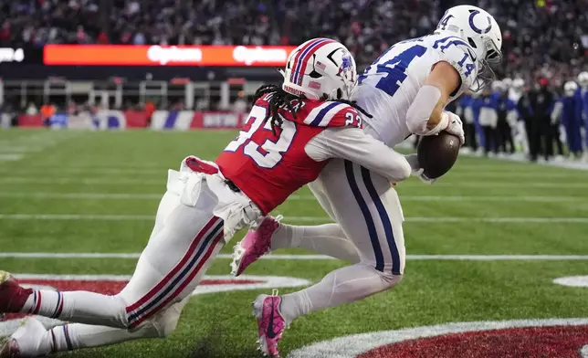 Indianapolis Colts wide receiver Alec Pierce (14) makes a touchdown reception against New England Patriots safety Kyle Dugger (23) during the second half of an NFL football game, Sunday, Dec. 1, 2024, in Foxborough, Mass. (AP Photo/Steven Senne)