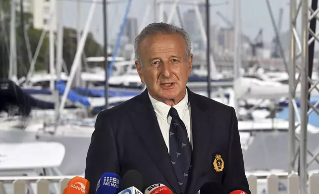 Cruising Yacht Club of Australia, Vice Commodore David Jacobs, speaks to media following the deaths of two sailors during the Sydney Hobart yacht race at the Cruising Yacht Club of Australia, in Sydney, Friday, Dec. 27, 2024. (Mick Tsikas/AAP Image via AP)