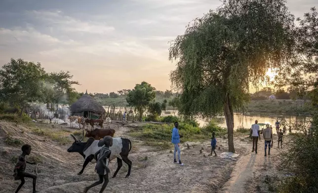 The sun sets on the docking place in Pajiek village, in Jonglei state, South Sudan, Thursday, Nov. 14, 2024. (AP Photo/Florence Miettaux)