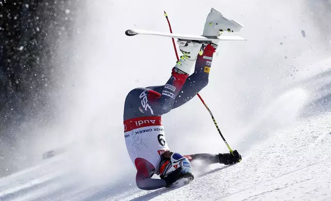 FILE - In this photo provided by Pentaphoto United States' Bode Miller crashes during the men's super-G competition at the alpine skiing world championships, Thursday, Feb. 5, 2015, in Beaver Creek, Colo. Miller did not finish the race. (AP Photo/Pentaphoto, Shinichiro Tanaka, File)