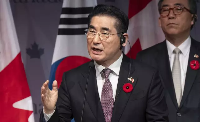 FILE - South Korea's Foreign Minister Cho Tae-yul, right, looks on as South Korea's Defense Minister Kim Yong Hyun speaks during a news conference in Ottawa, Ontario, on Nov. 1, 2024. (Adrian Wyld/The Canadian Press via AP, File)