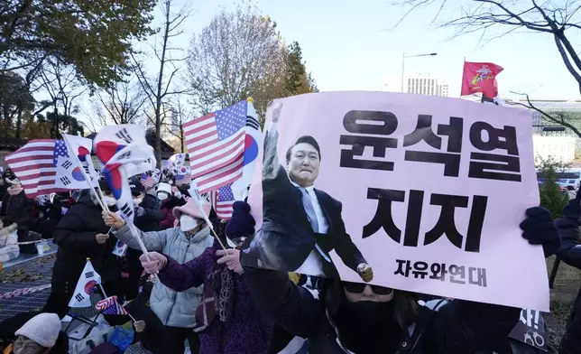 Protesters supporting South Korean President Yoon Suk Yeol stage a rally to denounce opposition party's politicians in Seoul, South Korea, Friday, Dec. 6, 2024. The signs read "Support Yoon Suk Yeol." (AP Photo/Ahn Young-joon)