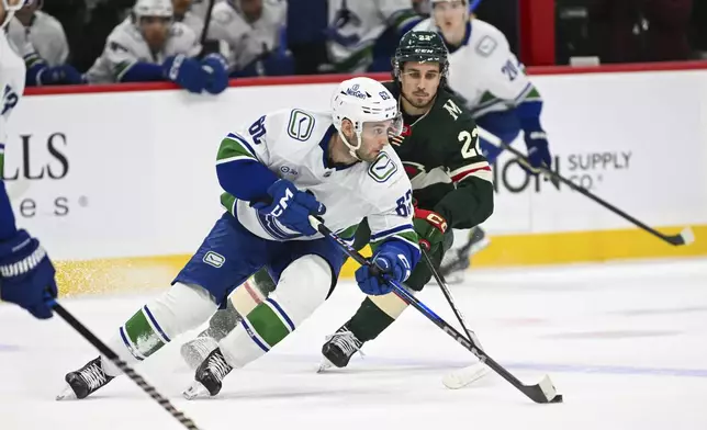 Vancouver Canucks center Max Sasson, left, skates past Minnesota Wild center Marat Khusnutdinov during the first period of an NHL hockey game Tuesday, Dec. 3, 2024, in St. Paul, Minn. (AP Photo/Craig Lassig)