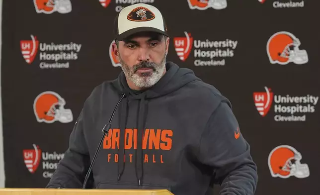 Cleveland Browns head coach Kevin Stefanski responds to a question during a news conference after an NFL football game against the Denver Broncos Monday, Dec. 2, 2024, in Denver. (AP Photo/David Zalubowski)