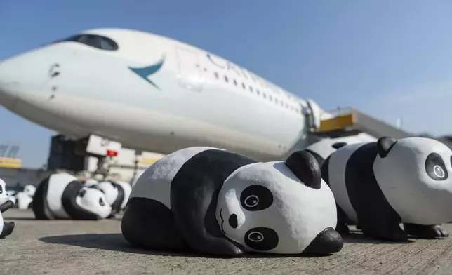 Part of 2500 panda sculptures are displayed at the Hong Kong International Airport during a welcome ceremony of the panda-themed exhibition "Panda Go!" in Hong Kong, Monday, Dec. 2, 2024. (AP Photo/Chan Long Hei)