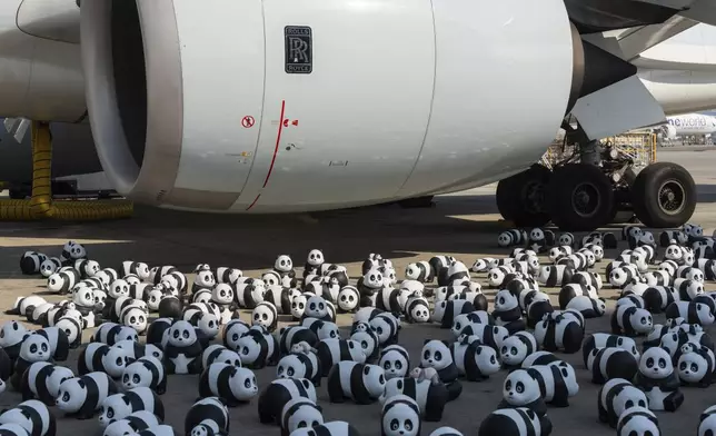 Part of 2500 panda sculptures are displayed at the Hong Kong International Airport during a welcome ceremony of the panda-themed exhibition "Panda Go!" in Hong Kong, Monday, Dec. 2, 2024. (AP Photo/Chan Long Hei)