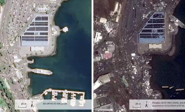 This undated satellite photo provided on Wednesday Dec. 18, 2024 by the Institut Geographique National (IGN), left, and the Centre National d'Etudes Spatiales (CNES) shows the port of Mamoudzou, before and after of the cyclone Chido in the Indian Ocean French territory of Mayotte. (IGN/CNES distributed by Airbus DS via AP)