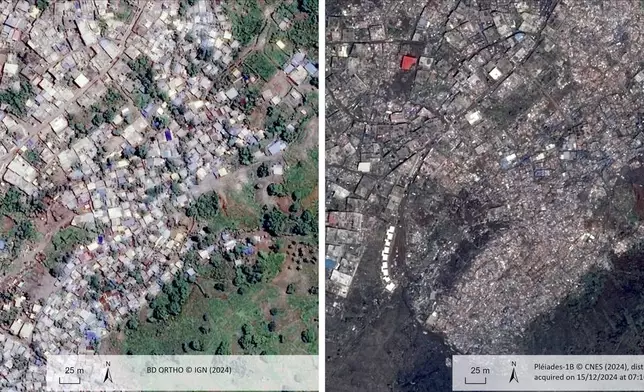 This undated satellite photo provided on Wednesday Dec. 18, 2024 by the Institut Geographique National (IGN), left, and the Centre National d'Etudes Spatiales (CNES) shows Bandrajou, before and after of the cyclone Chido in the Indian Ocean French territory of Mayotte. (IGN/CNES distributed by Airbus DS via AP)