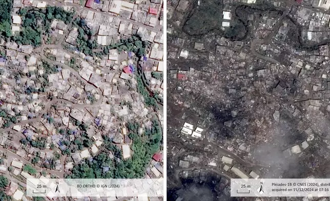 This undated satellite photo provided on Wednesday Dec. 18, 2024 by the Institut Geographique National (IGN), left, and the Centre National d'Etudes Spatiales (CNES) shows Mtsapere, before and after of the cyclone Chido in the Indian Ocean French territory of Mayotte. (IGN/CNES distributed by Airbus DS via AP)