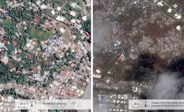 This undated satellite photo provided on Wednesday Dec. 18, 2024 by the Institut Geographique National (IGN), left, and the Centre National d'Etudes Spatiales (CNES) shows Doujani, before, left, and after the cyclone Chido in the Indian Ocean French territory of Mayotte. (IGN/CNES distributed by Airbus DS via AP)