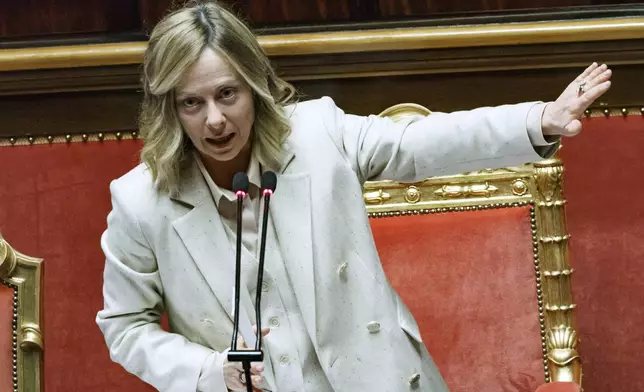 Italy's Prime Minister Giorgia Meloni gestures during the Senate session in Rome, Wednesday, Dec.18, 2024. (Roberto Monaldo/LaPresse via AP)