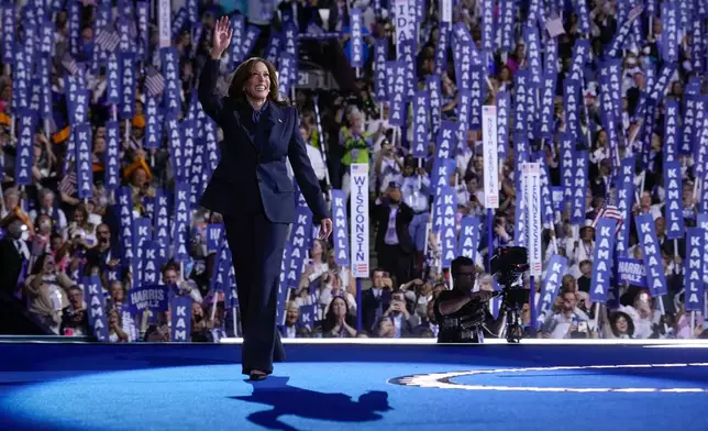 Democratic presidential nominee Vice President Kamala Harris arrives to speak on the final day of the Democratic National Convention, Thursday, Aug. 22, 2024, in Chicago. (AP Photo/Jacquelyn Martin)