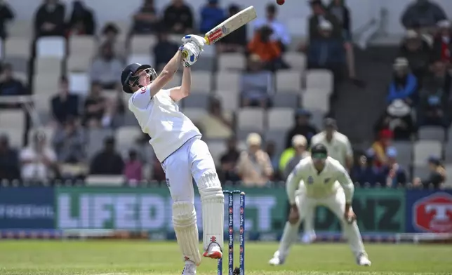 England's Harry Brook bats during play on day one of the second cricket test between New Zealand and England at the Basin Reserve in Wellington, New Zealand, Friday, Dec.6, 2024. (Andrew Cornaga/Photosport via AP)