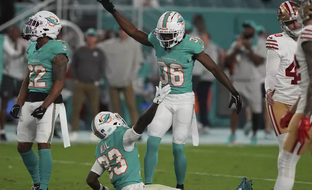 Miami Dolphins cornerbacks Storm Duck (36) and Siran Neal (33) celebrate after San Francisco 49ers place kicker Jake Moody (4) missed a field goal during the second half of an NFL football game, Sunday, Dec. 22, 2024, in Miami Gardens, Fla. (AP Photo/Lynne Sladky)