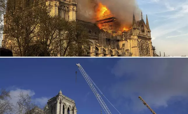 A combo of images shows Notre Dame cathedral burning in Paris, Monday April 15, 2019, top, and a view of the cathedral following restoration works in Paris, on Dec. 3, 2024. (AP Photo/Vanessa Pena, Thibault Camus)