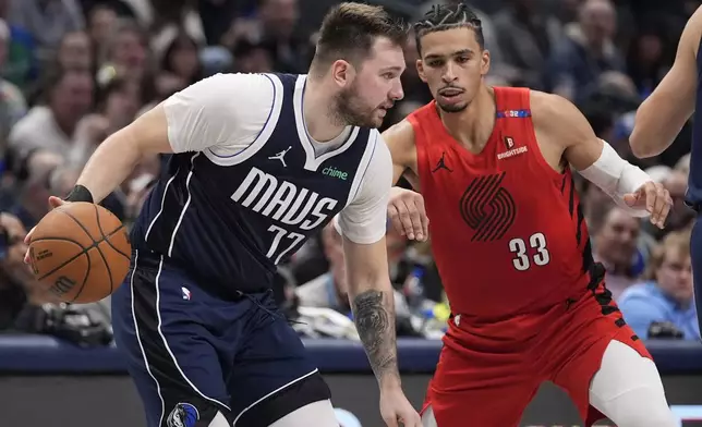 Dallas Mavericks guard Luka Doncic (77) dribbles against Portland Trail Blazers forward Toumani Camara (33) during the first half of an NBA basketball game, Monday, Dec. 23, 2024, in Dallas. (AP Photo/LM Otero)