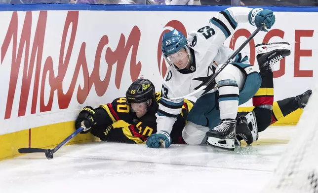 Vancouver Canucks' Elias Pettersson (40) and San Jose Sharks' Ty Dellandrea (53) vie for the puck during second-period NHL hockey game action in Vancouver, British Columbia, Monday, Dec. 23, 2024. (Ethan Cairns/The Canadian Press via AP)