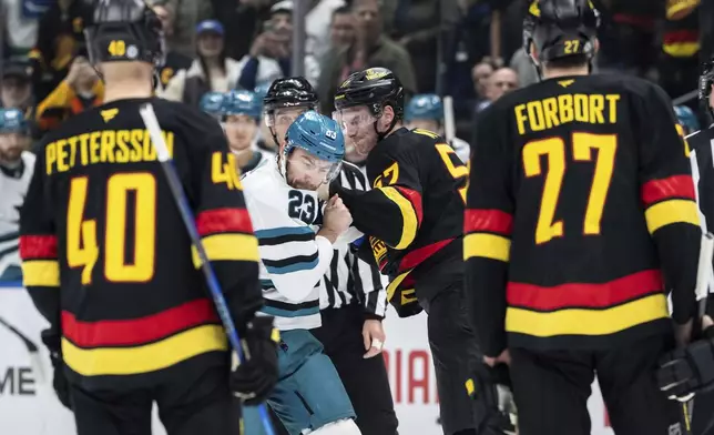 San Jose Sharks' Barclay Goodrow (23) and Vancouver Canucks' Tyler Myers (57) fight as Canucks' Elias Pettersson (40) and Derek Forbort (27) watch during first-period NHL hockey game action in Vancouver, British Columbia, Monday, Dec. 23, 2024. (Ethan Cairns/The Canadian Press via AP)