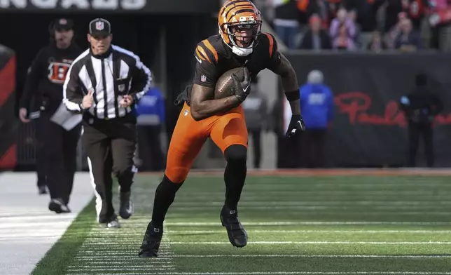 Cincinnati Bengals wide receiver Tee Higgins (5) makes a reception during the first half of an NFL football game against the Cleveland Browns, Sunday, Dec. 22, 2024, in Cincinnati. (AP Photo/Joshua A. Bickel)