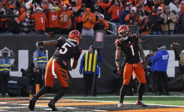 Cincinnati Bengals wide receiver Tee Higgins (5) celebrates with wide receiver Ja'Marr Chase (1) after making a touchdown catch during the first half of an NFL football game, Sunday, Dec. 22, 2024, in Cincinnati. (AP Photo/Jeff Dean)