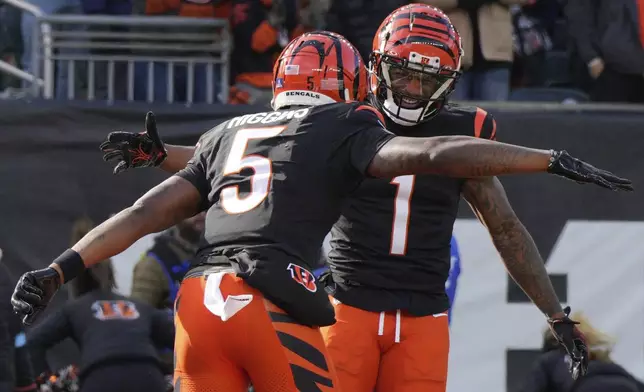 Cincinnati Bengals wide receiver Tee Higgins (5) celebrates with wide receiver Ja'Marr Chase (1) after making a touchdown catch during the first half of an NFL football game, Sunday, Dec. 22, 2024, in Cincinnati. (AP Photo/Jeff Dean)