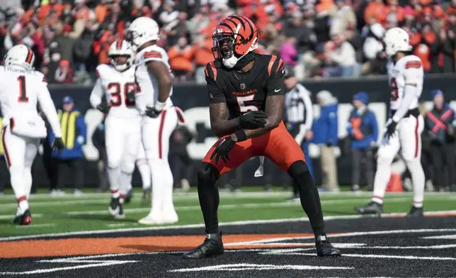 Cincinnati Bengals wide receiver Tee Higgins (5) celebrates after making a touchdown catch during the first half of an NFL football game against the Cleveland Browns, Sunday, Dec. 22, 2024, in Cincinnati. (AP Photo/Joshua A. Bickel)