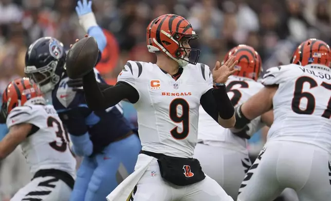 Cincinnati Bengals quarterback Joe Burrow (9) looks to pass during the first half of an NFL football game against the Tennessee Titans, Sunday, Dec. 15, 2024, in Nashville, Tenn. (AP Photo/George Walker IV)